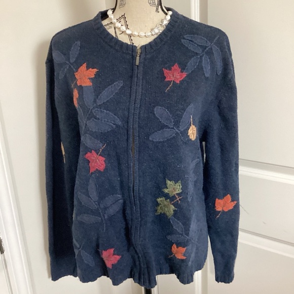 croft & barrow Sweaters - Croft & Barrow Women’s Navy Blue Leaves Full Zip Cardigan Wool Knit Sweater